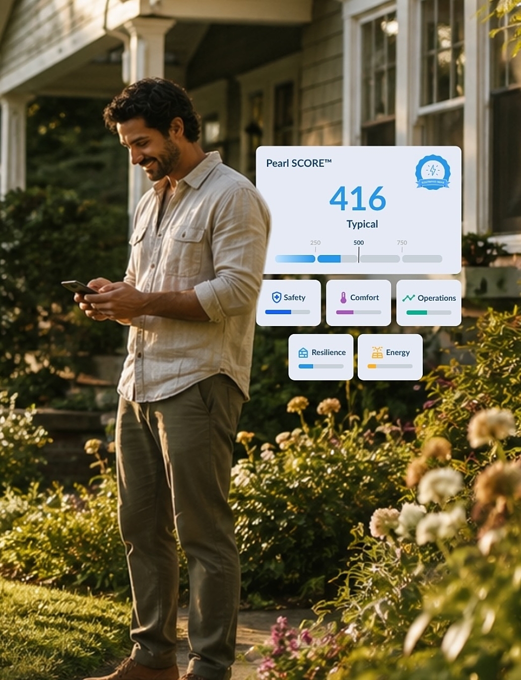A man outside a house smiles at his phone beside a floating Pearl SCORE™ card showing a 416 “Good” rating across the five home-performance pillars — Safety, Comfort, Operations, Resilience, and Energy.