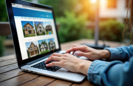 A woman types on a laptop outdoors, browsing a real-estate website showing photos of homes for sale.