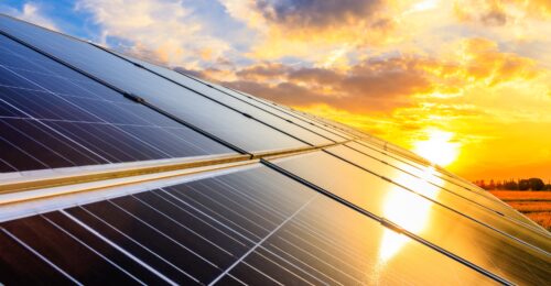 Solar panels with sunset shining bright