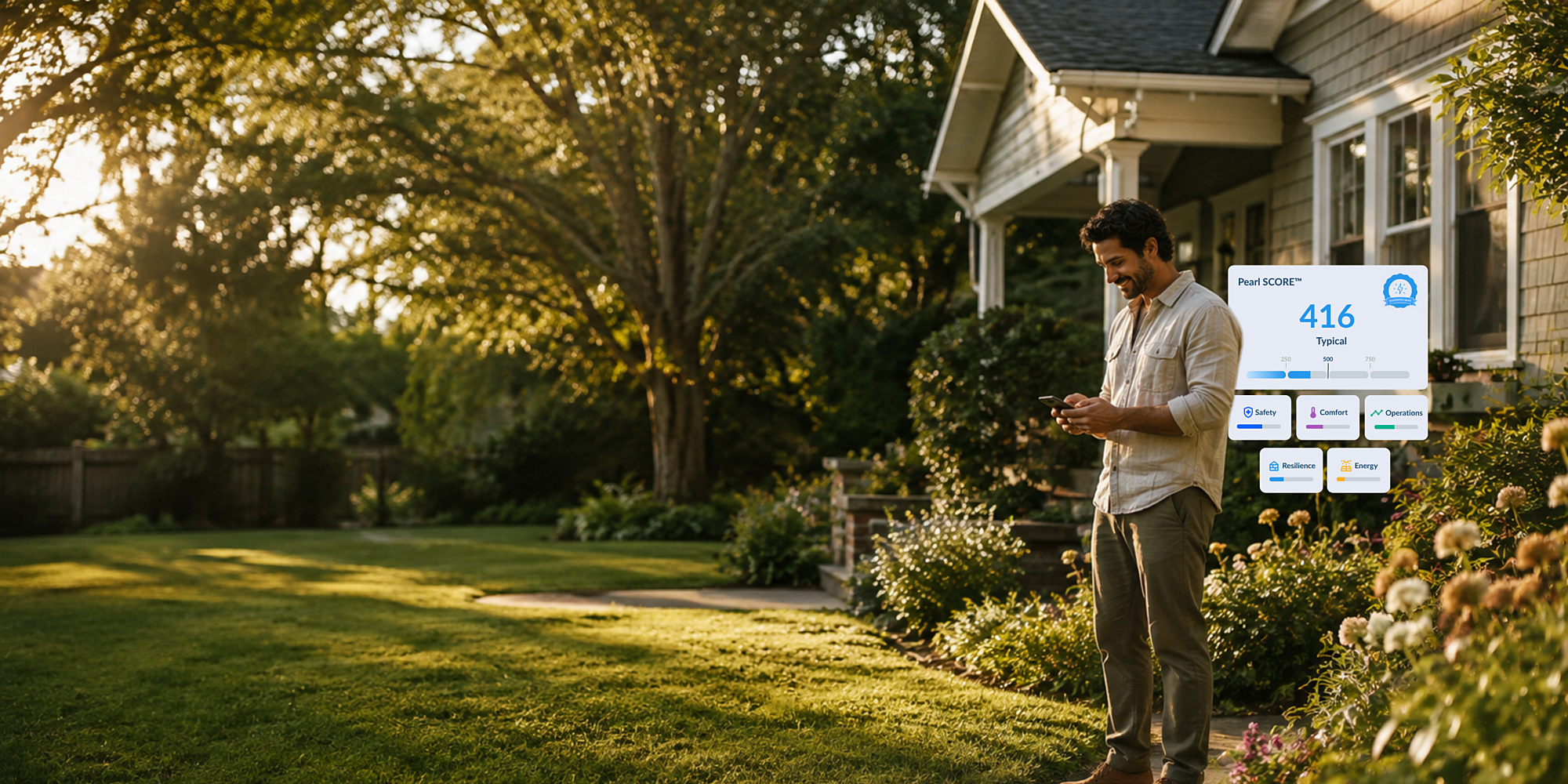 A man stands outside a home smiling at his phone, with a floating Pearl SCORE™ card showing 416 (Good) and the five performance pillars — Safety, Comfort, Operations, Resilience, and Energy.