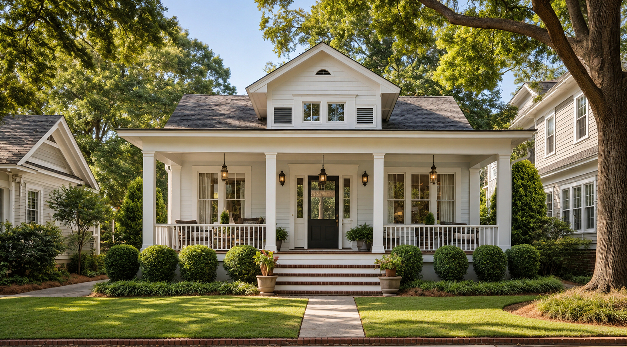 A white craftsman home with a deep front porch, columns and mature trees, photographed in afternoon light.